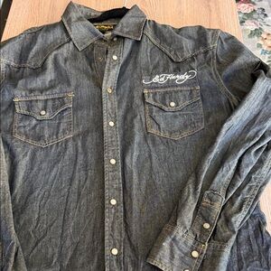 Ed Hardy Blue Denim Snap-Front Western Shirt